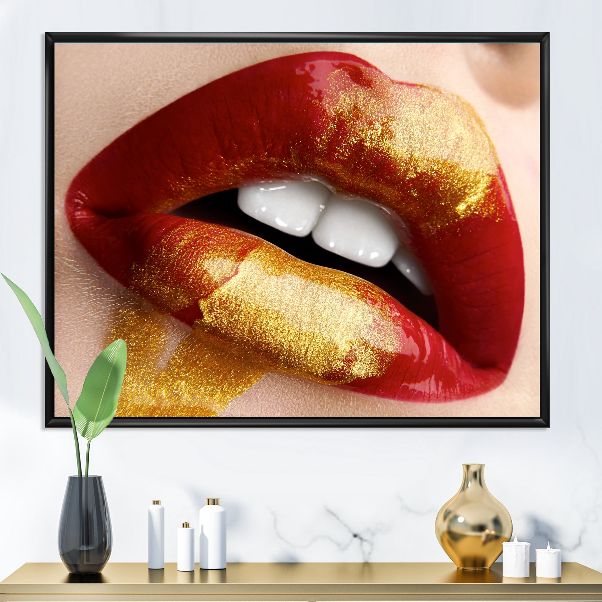 Designart 'Plump Woman Lips With Gold and Red' Modern Framed Canvas Wall Art Print