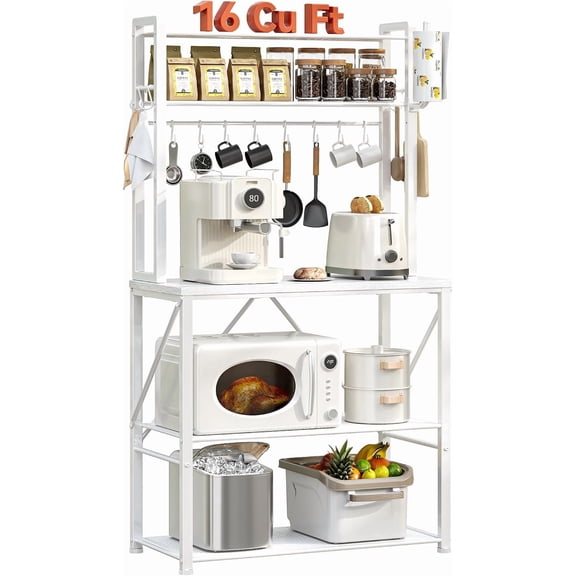 Coffee Bar, Bakers Rack with Storage, 25.6 Inches Microwave Stand, 5 Tier Kitchen Shelves Appliance Storage, 12 S Hooks Large Coffee Station for Spices, Pots and Pans, White