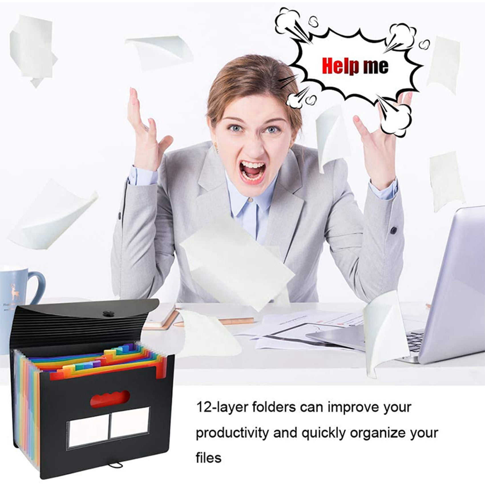 2X Expanding File Folder 12 Pockets File Organizer Filing Box,A4 Accordion Bill/Receipt Folders with Colored Tabs