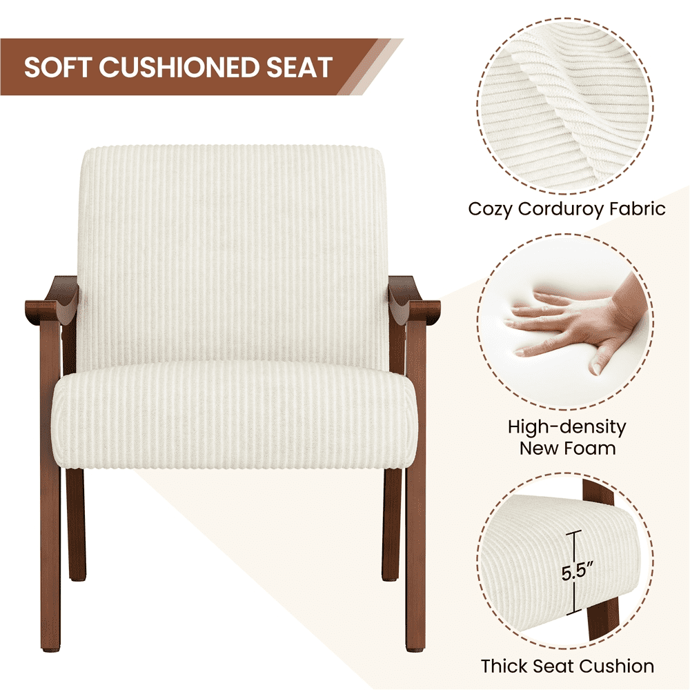 Renwick Set of 2 Corduroy Fabric Armchairs with Solid Wood Legs, Beige
