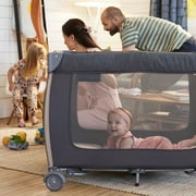 Monbebe Play Yard – Full-Size Rocking Bassinet, Removable Changer & Toy Bar – Castle Point