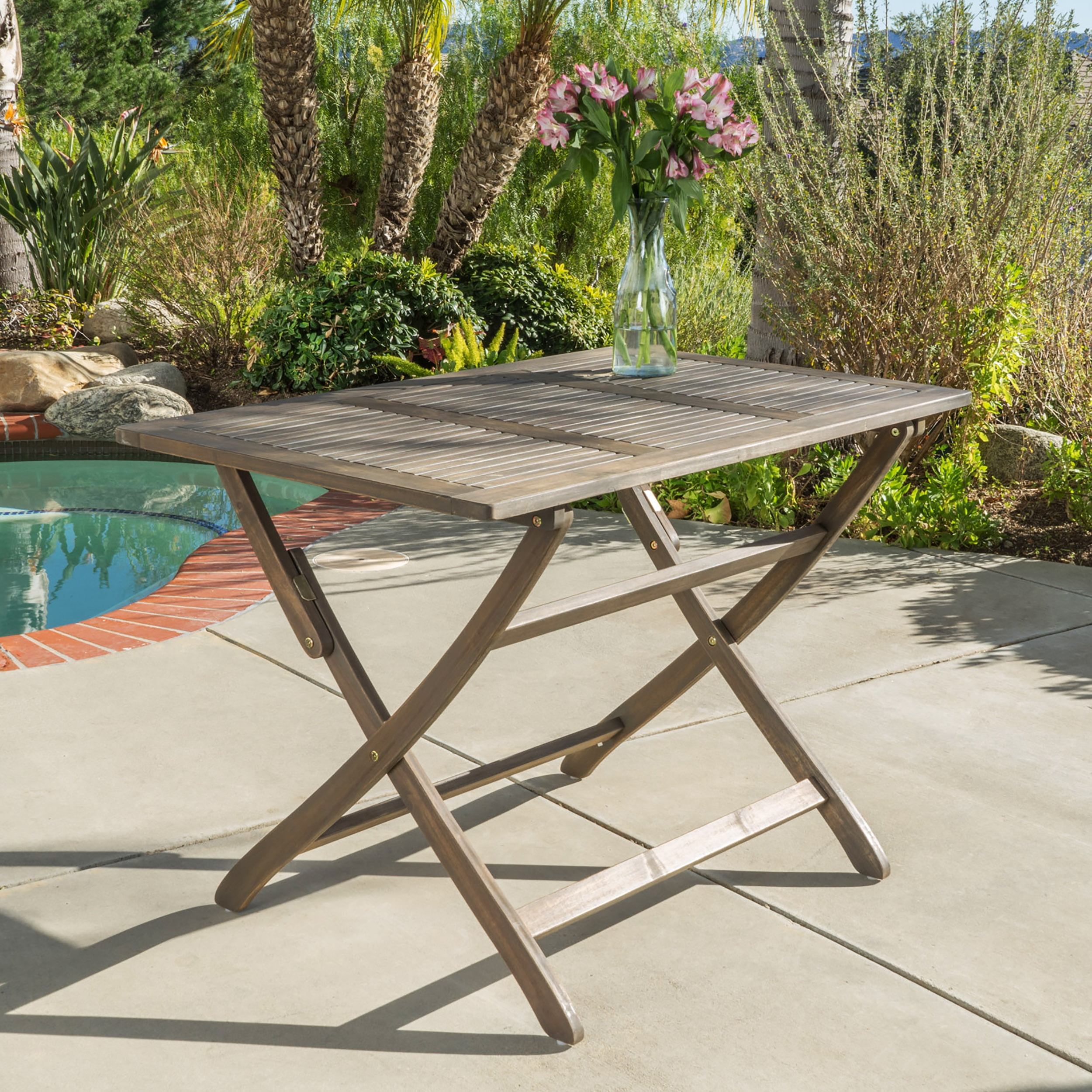 Outdoor Foldable Dining Table 43.5 Inch, Portable Acacia Wood Leisure Table for Patio Garden, Grey