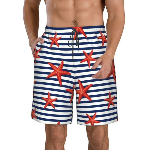 Balery Starfish Navy Blue Stripe Traje de Baño Estilo Hawaiano para Hombre, Shorts de Secado Rápido con Bolsillos-Medium