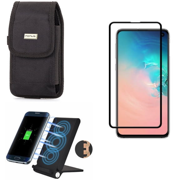 Galaxy S10e Case Belt Clip w Screen Protector w Wireless Charger - Swivel Holster Rugged, Tempered Glass 5D Curved Edge, 10W Fast Folding Stand for Samsung Galaxy S10e Phone