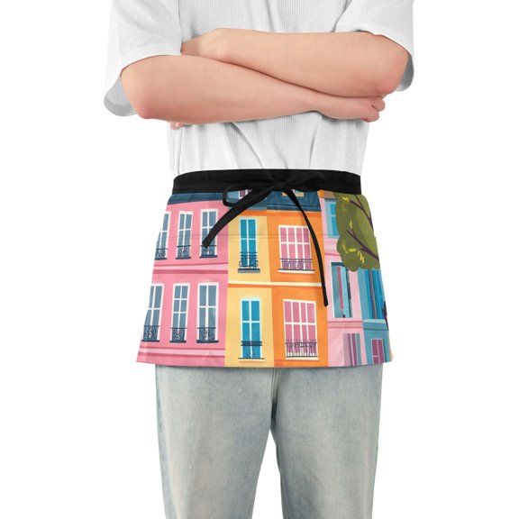 Houses Street Waist Apron Adjustable Server Half Apron Kitchen Cooking with 3 Pockets for Men Women