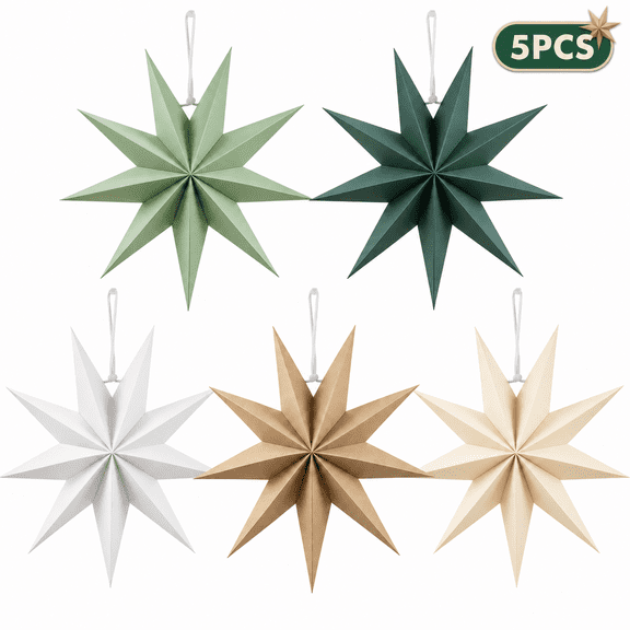 Kabuer Paper Star 9-Pointed Sage Green Christmas Hanging Decorations Multicolor 5-Pack 12 Inch