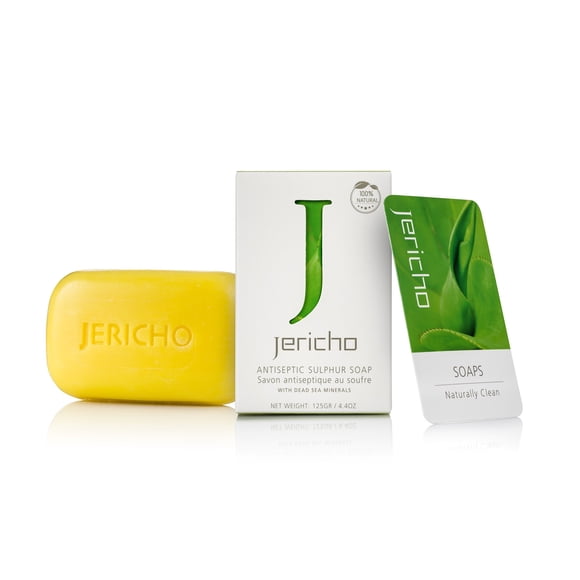 Jericho Cosmetics Barra de jabón de azufre natural - Minerales del Mar Muerto - Vegano y triple molido - Jabón de azufre natural para hombres y mujeres cuerpo y cara - Barra de 4.4 onzas