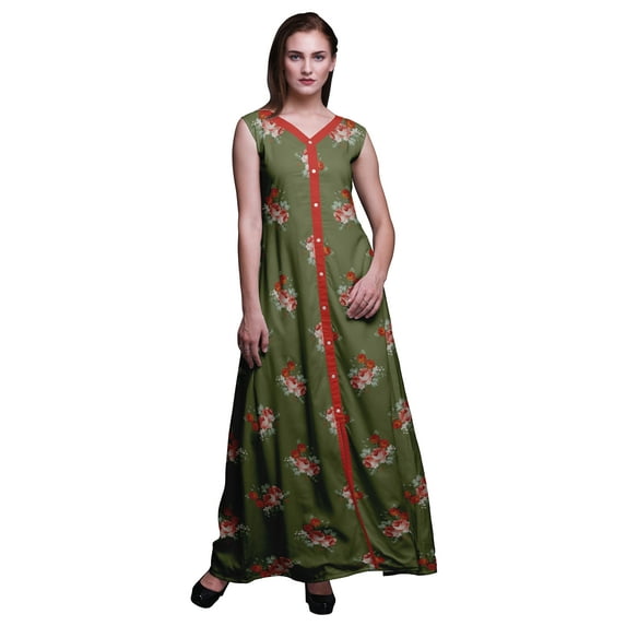 Bimba Floral Women V Neck Sleeveless Front Slit Casual Maxi Printed Boho Dress-Large