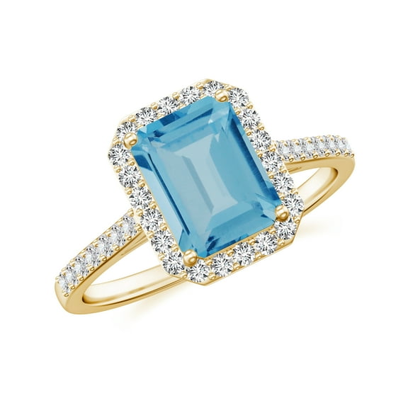 925 Sterling Silver Emerald Cut Blue Topaz Halo Ring, Moissanite Engagement Ring in Yellow Gold Plated| December Birthstone Wedding Ring, Birthday, Anniversary Jewelry, Ring Size 5