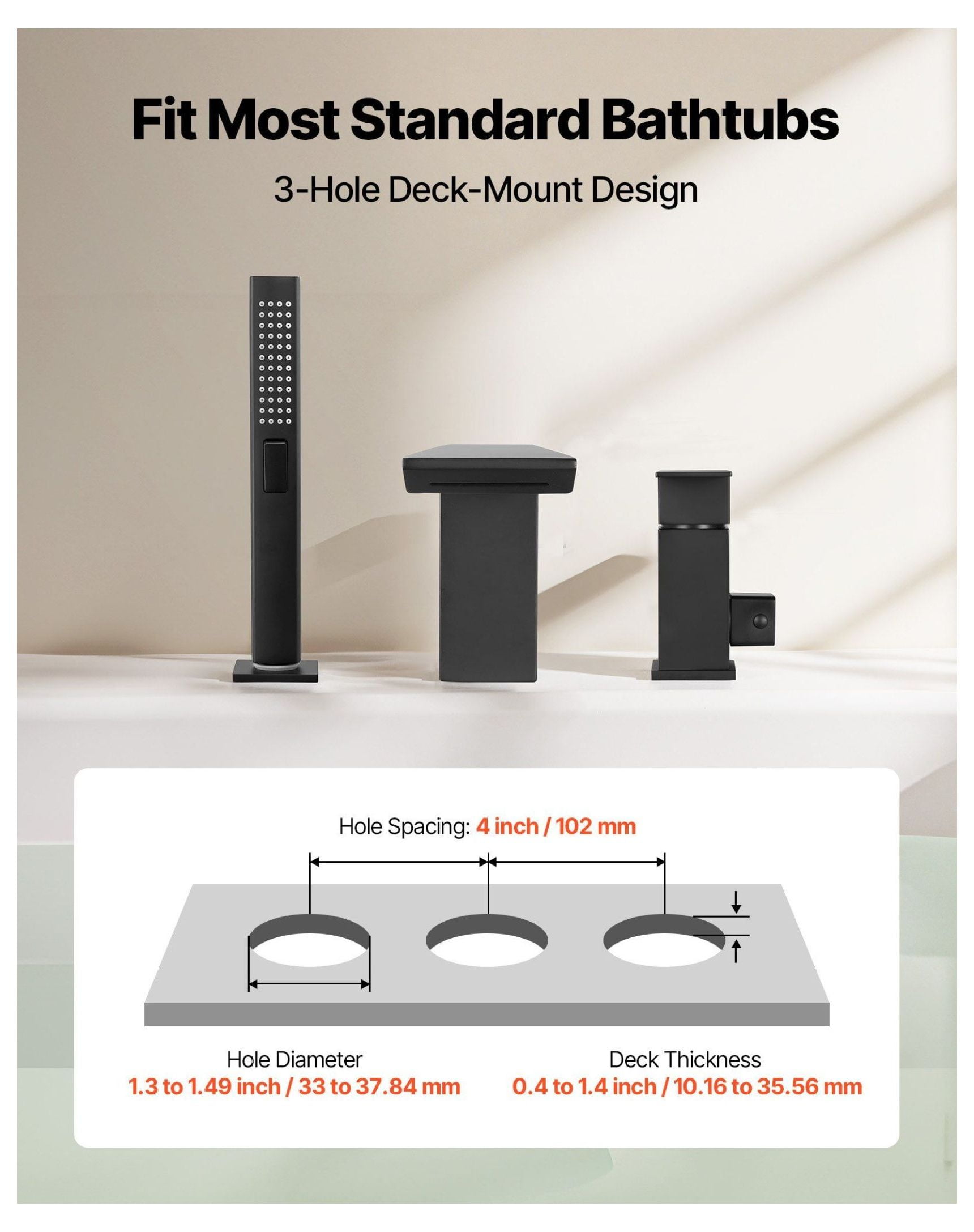 Roman Tub Faucet 3 Hole, Waterfall Bathtub Faucet with Shower Head, Matte Black Tub Spout, Stainless Steel Roman Bathtub Faucets for Adult Bathing & Pet Washing