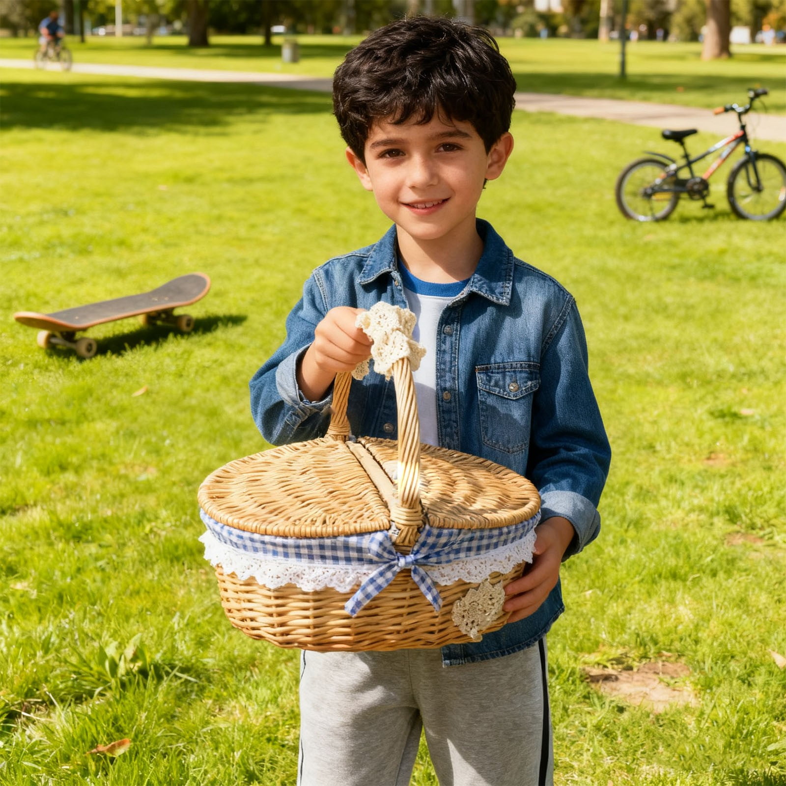 Lidded Oval Picnic Basket, Multi Functional Handle Basket, Ideal for Outdoor Adventures, Photography, Home Decor, Gift Basket for Valentine's Day, Easter, Parties & Celebrations, 10x7x5.9in