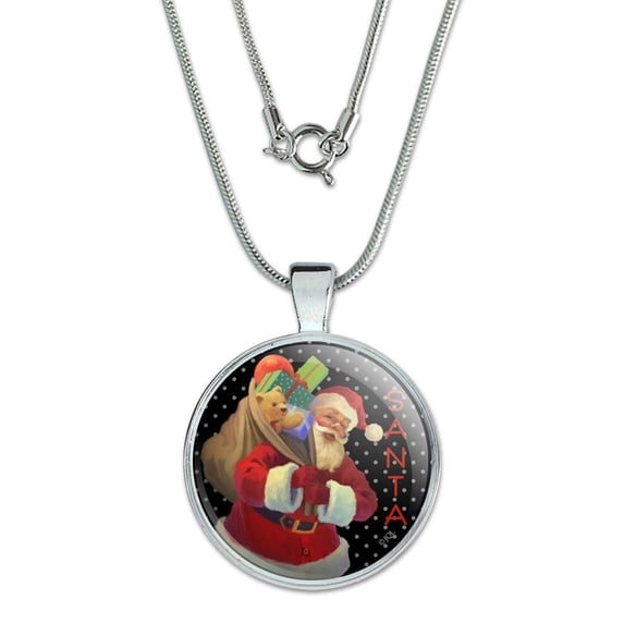 Christmas Holiday Santa Sack Graphic 1" Pendant with Sterling Silver Plated Chain