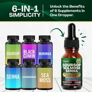 Soursop Leaves Extract Liquid Drops Supplement 1200 MG, Graviola, Sea Moss, Ashwagandha, Moringa, Black Cumin Seed, 6-in-1, Extra Strength for Daily Wellness, 60 Servings Mixed Berry Flavor