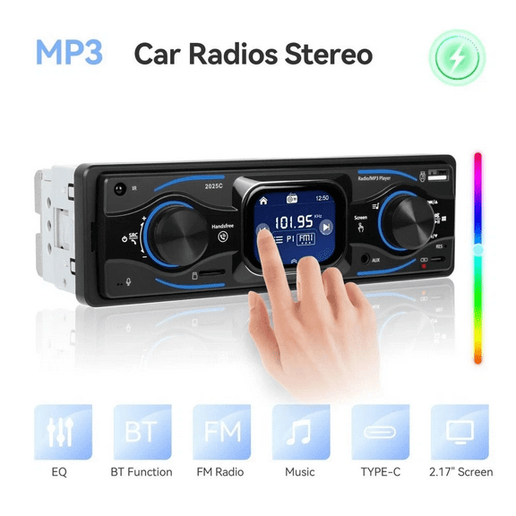 Woudy 1 DIN Car Stereo, 7 Color RGB Touchscreen, FM Radio, Bluetooth, USB/TF Playback, AUX Input, Steering Wheel Control, Type-C Charging