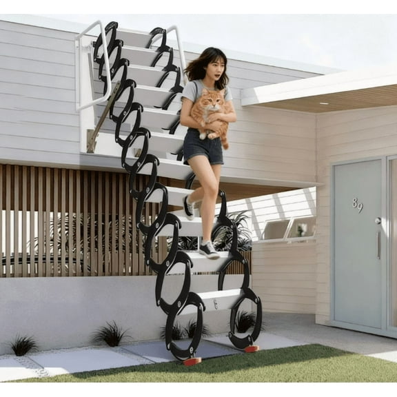 12 Steps Attic Stairs,Wall Mounted Folding Loft Ladder,Retractable Collapsible Stairs,Extension Steps Ladder with Armrests,Telescoping with Pulldown System