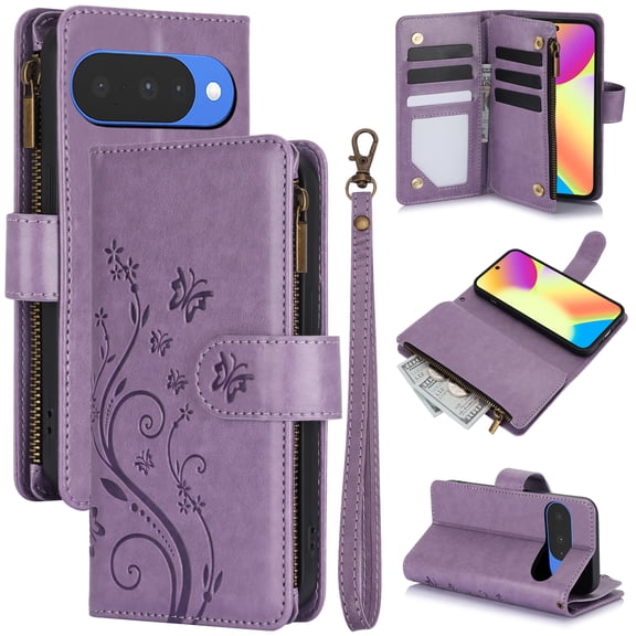 For Google Pixel 9 Case Wallet Flip with Card Holder and Wrist Strap,Butterfly Floral Pattern Cover Case, Durable Leather Kickstand Shockproof Phone Case for Women,Light Purple