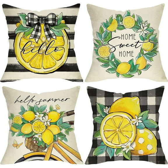 Summer Lemon Throw Pillow Covers 18 x 18 Stripes Hello Summer Buffalo Plaid Lemon Bicycle Truck Decorative Cushion Case for Sofa Couch Living Room