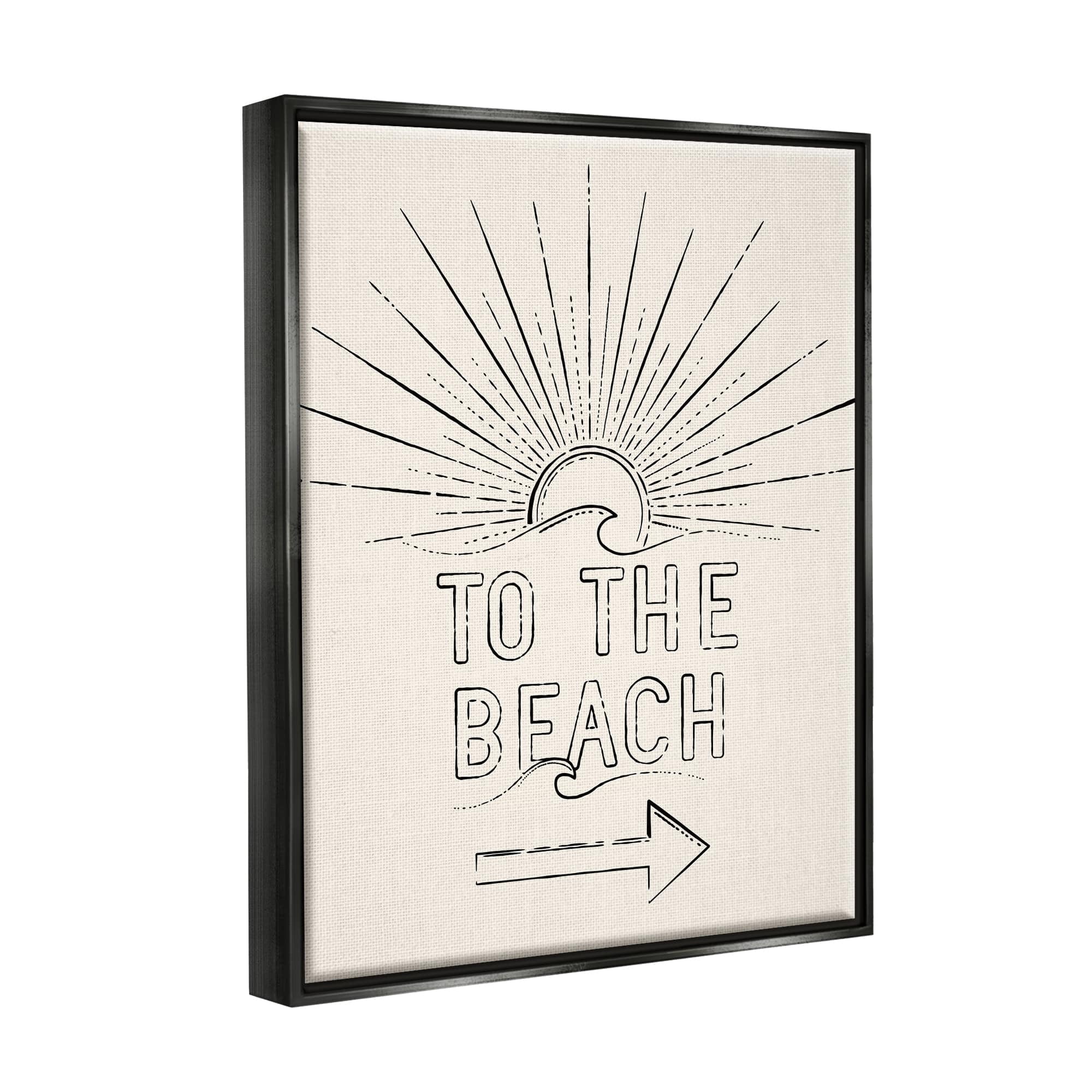 Stupell Industries To The Beach Weathered Vintage Sun Horizon Typography Graphic Art Jet Black Floating Framed Canvas Print Wall Art, Design by JJ Design House LLC