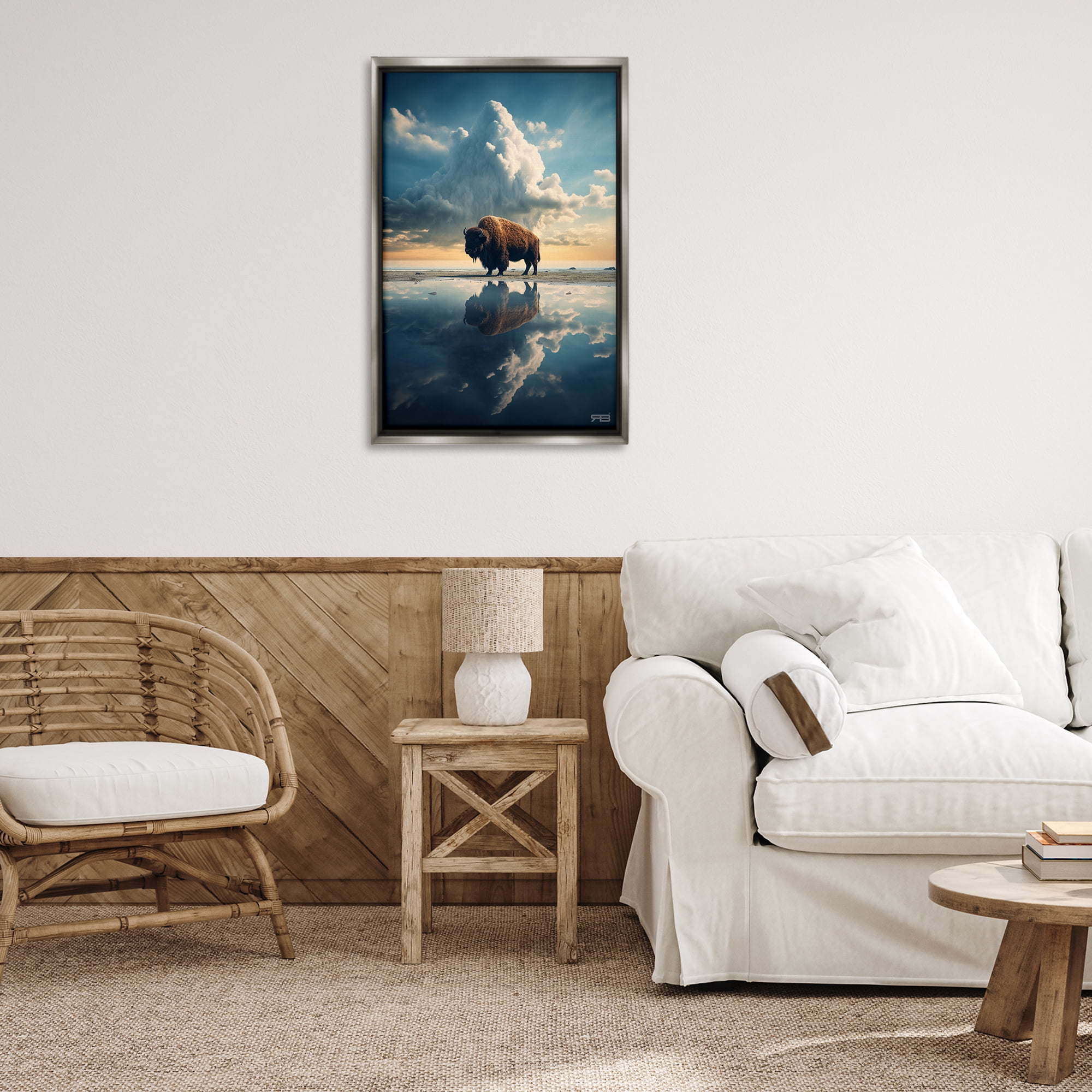Stupell Industries Bison & Reflective Clouds Landscape Painting Gray Floater Framed Art Print Wall Art, 21 x 31