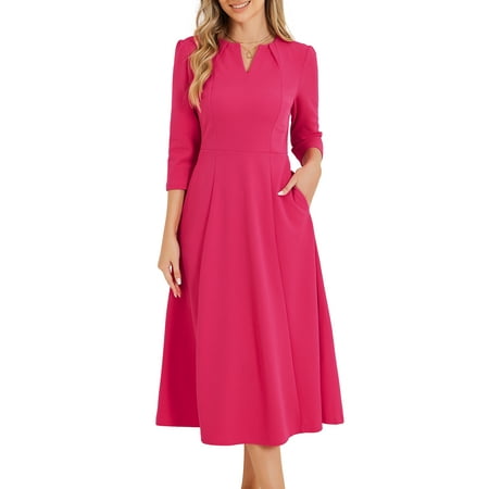 INSPIRE CHIC Women s 3/4 Sleeve Dresses V Neck Pockets Elegant A-Line Dress Work Business Fall Outfits S Hot Pink