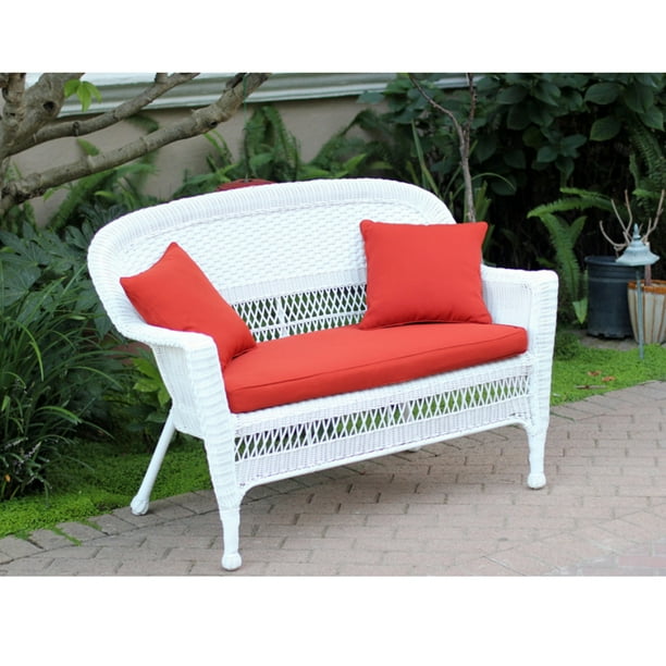 51 Jasmine White Resin Wicker Patio Loveseat With Red Orange Cushion And Pillows Com - White Wicker Patio Bench 51 Jasmine White Resin Wicker Patio Loveseat With Red Orange Cushion And Pillows Com - White Wicker Patio Bench