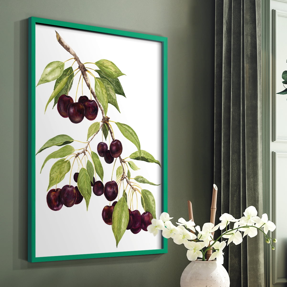 Watercolor Cherries Framed Print in Green Solid Wood 8 x 10 Framed Print