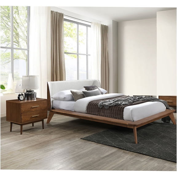 JERFIT Mid-Century Modern King Bedroom Set with Upholstered Winged Headboard & Nightstands in Walnut