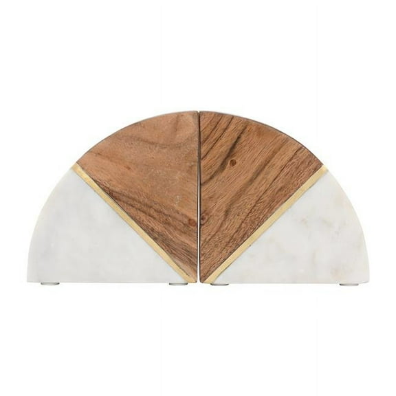 5 in. Marble Bookends with Wood & Brass Detail, Multi Color - Set of 2