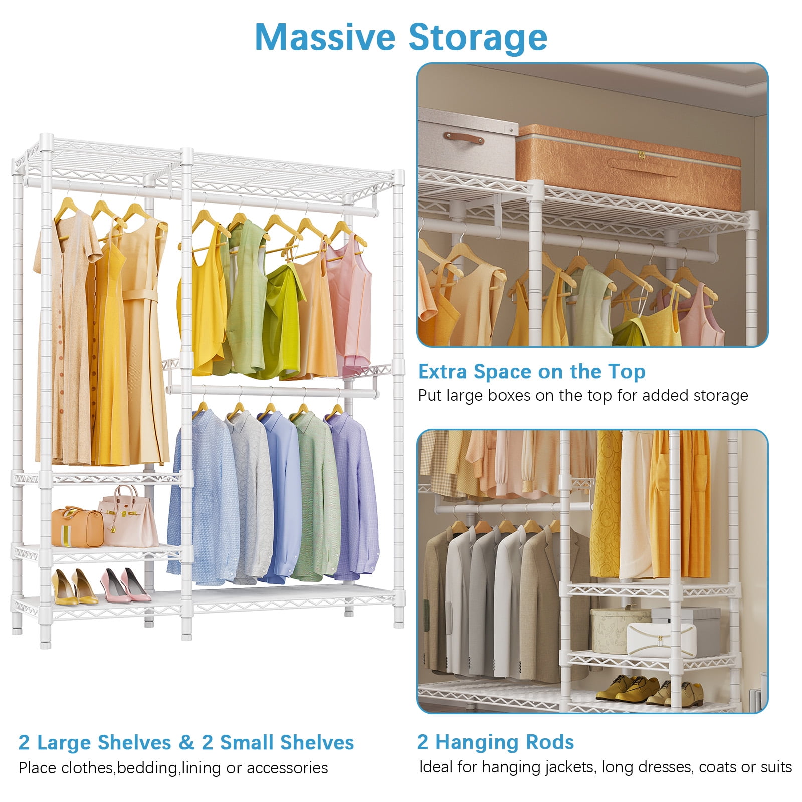VIPEK V2i Heavy Duty Garment Rack, 700LB Capacity Portable Closet System with 4 Adjustable Shelves & 2 Hanging Rods, Freestanding Wardrobe,White