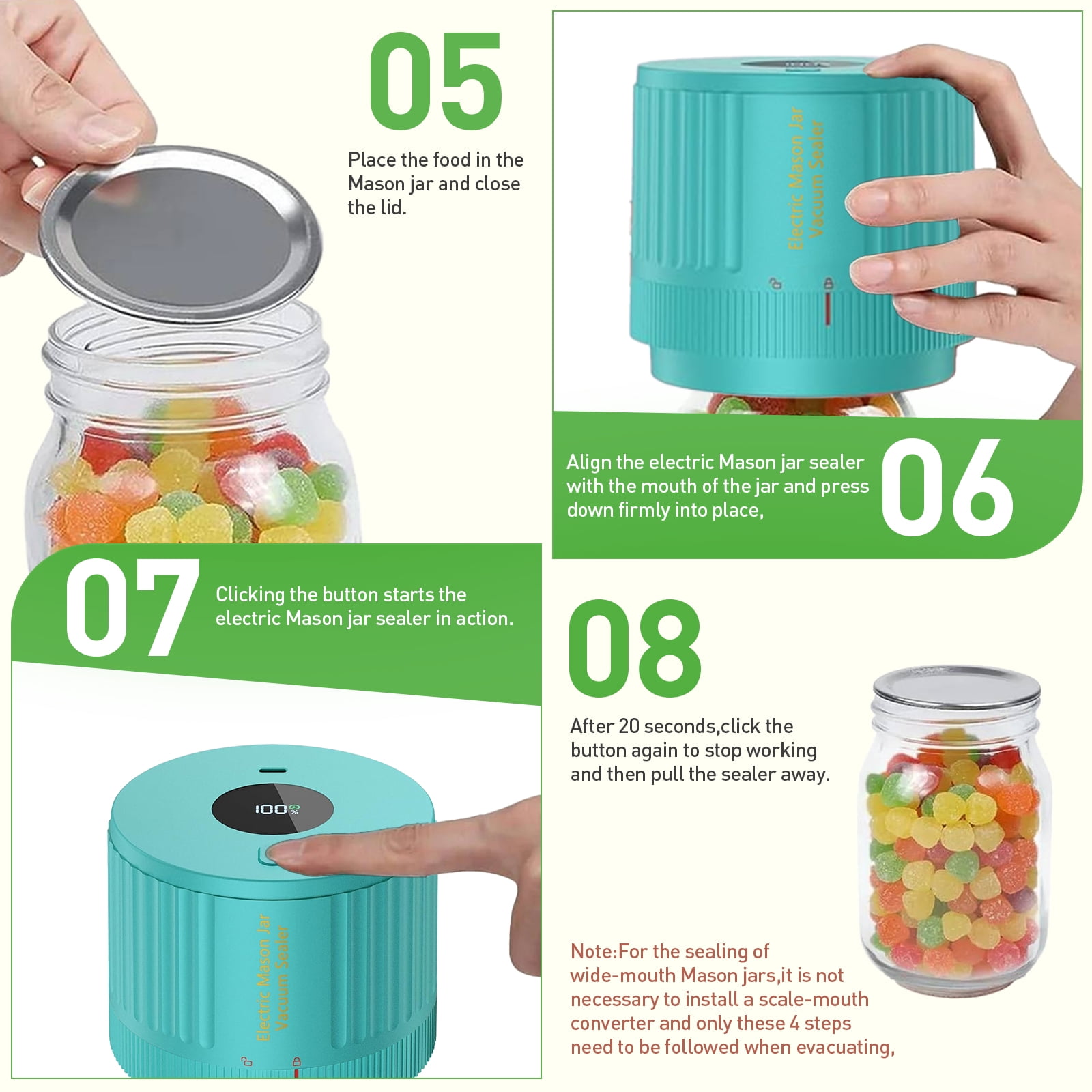 AARTVARK TEES Electric Mason Jar Vacuum Sealer, Vacuum Sealer Kit for Wide-Mouth & Regular-Mouth Mason Jars, Food Storage and Fermentation, Green