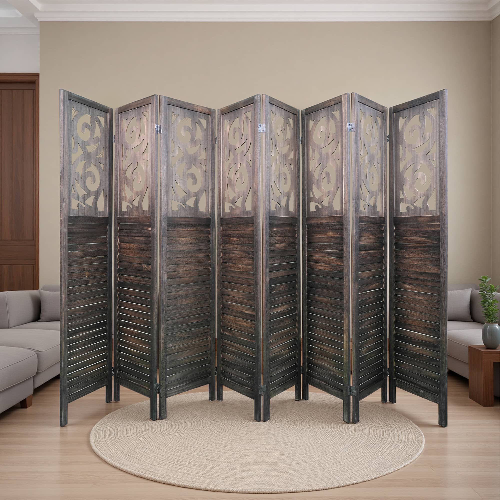 MAYEERTY 8 Panel Freestanding Room Dividers, 6FT Carved Wood Folding Privacy Screens, Rustic Brown