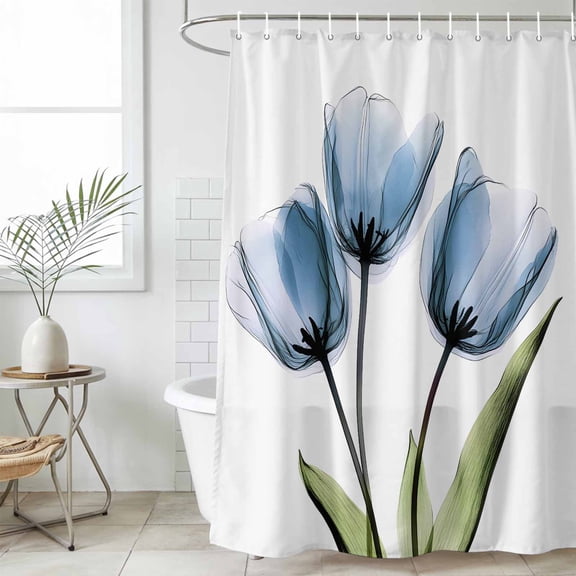 Blue Tulip Waterproof Fabric Shower Curtain,Abstract Flower Country Farm Floral White Waterproof Fabric Shower Curtain for Bathroom Curtains Bathtubs Shower Curtains with 12 Hooks Extra Long 72x96