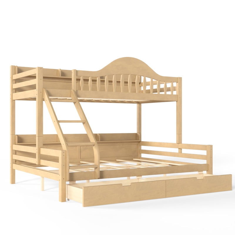 Twin XL Over Queen Bunk Bed with Storage Drawers, Solid Wood Bunk Bed Frame with Curved Guardrails, Side Storage Shelves and Ladder, No Box Spring Needed