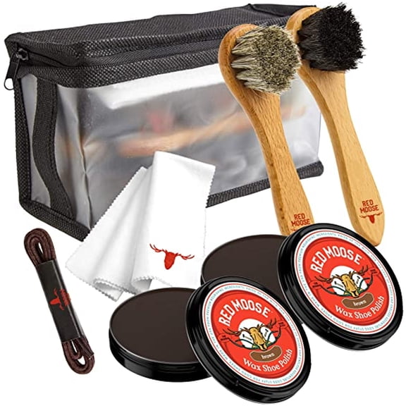 Red Moose Full Leather Shoe Wax Polish Kit with Brush, Cloth, Lace & Travel Case, Brown