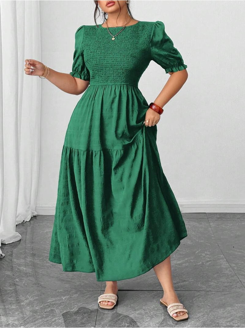 Green Puff Sleeve Shirred Tiered Maxi Dress With Ruffle Hem And Smocked Bodice