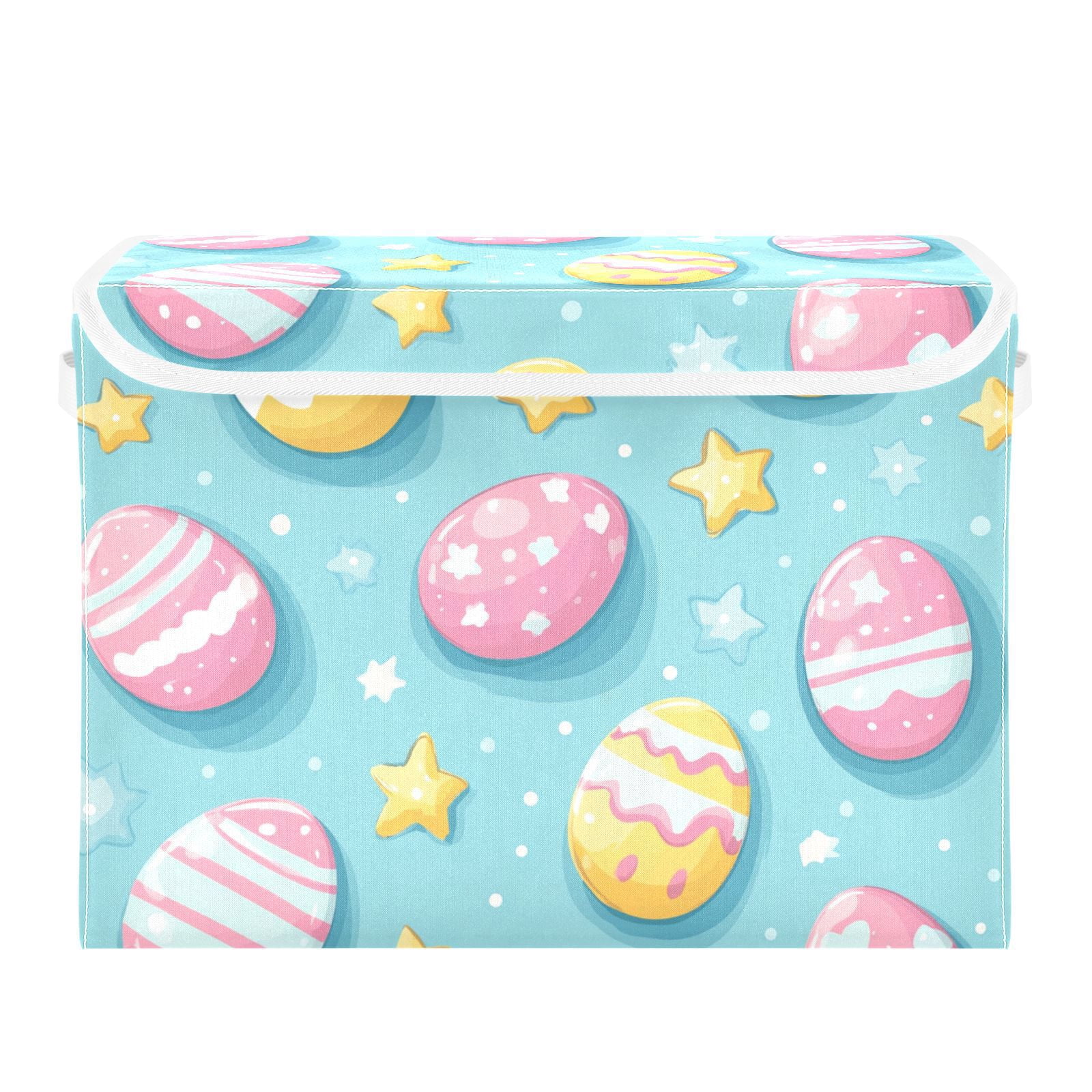 Easter Eggs in Blue Storage Basket for Shelves Foldable Container Organizer for Organizing Toys Clothes Books with Handles
