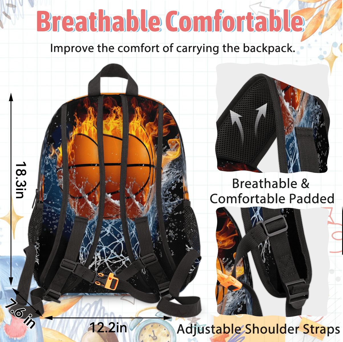 Herdesigns Basketball Large Backpack Set with Lunch Box Lightweight Water Resistant Travel Laptop Backpacks Casual Daypacks for Women Men