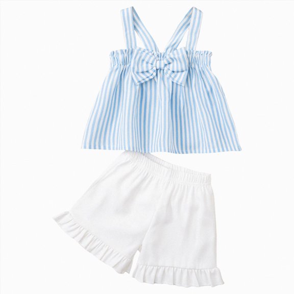 UngA Toddler Kid Girl Summer Clothes Bow Sleeveless Slip Ruffle Tank Tops Solid Shorts Sets Spring Outifts 5-6 Years,Blue