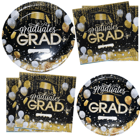 24 Guests Black And Gold Graduation Party Plates Napkins Supplies Set Congrats Grad Class of 2025 Disposable Dinnerware Tbeleware Grad Party Decoration Favors