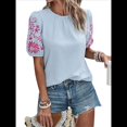 thumbnail image 3 of Blusas Texturizadas con Bordado Floral para Mujer, Cuello Redondo, Corta Abullonada, Informales, Holgadas, Lisas, Bordadas, Azul, L, 3 of 10