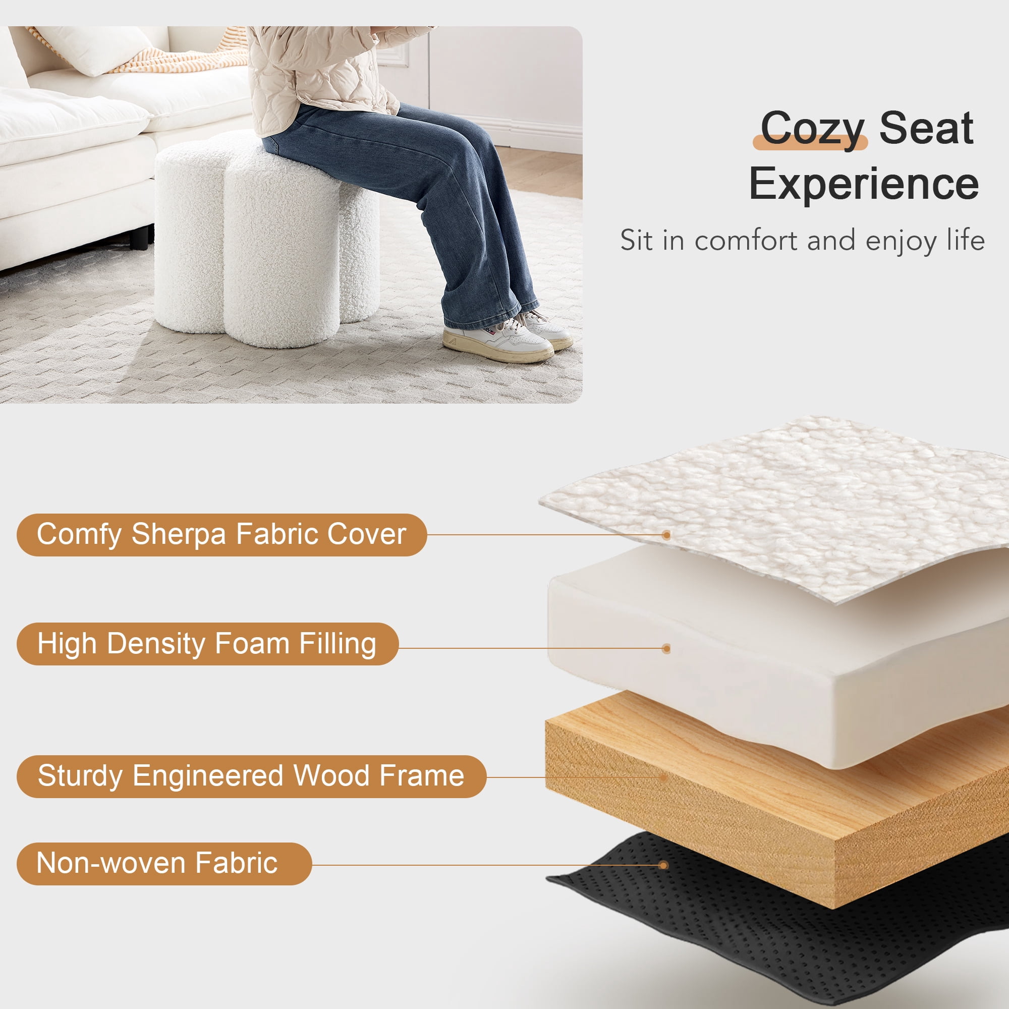 Zesthouse 18.5″Sherpa Fabric Ottoman, Modern Ottoman Coffee Table for Living Room, Flower Shaped Foot Stools, Upholstered Footrest Stool for Couch, White