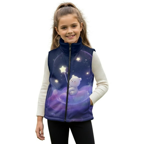 Xoenoiee Bear Star Cloud Print Full Zip Vest for Toddler Girls Sleeveless Winter Jacket Stand Collar Thick Warm Coat Outerwear Plus Size, Size 2T