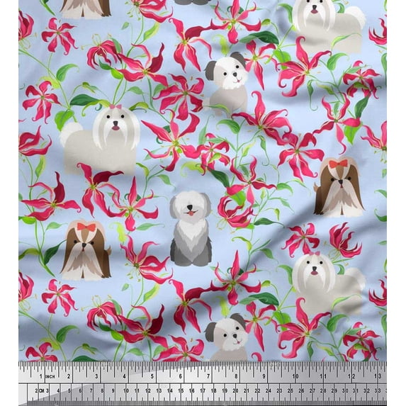 Soimoi Moss Georgette Fabric Floral,Sheepdog & Yorkshire Terrier Dog Print Sewing Fabric Yard 42 Inch Wide