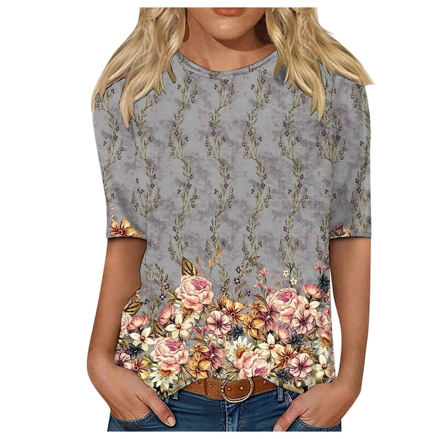 TSADFHJI Hauts de Sortie pour Femmes Tendance Hauts Adaptés Col Rond Manches Mi-Longues Blouse Imprimée Confortable T-Shirts L Gris