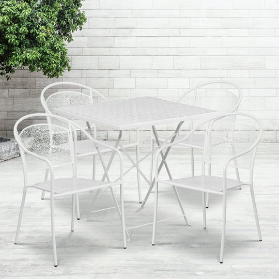 Flash Furniture Commercial Grade 28" Square White Indoor-Outdoor Steel Folding Patio Table Set with 4 Round Back Chairs