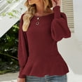 thumbnail image 2 of Clearance Solid Sweaters for Women Long Puff Sleeve Ruffle Hem Round Neck Ribbed Knits Babydoll Tunic Tops Fall Pullover Jumpers, 2 of 6