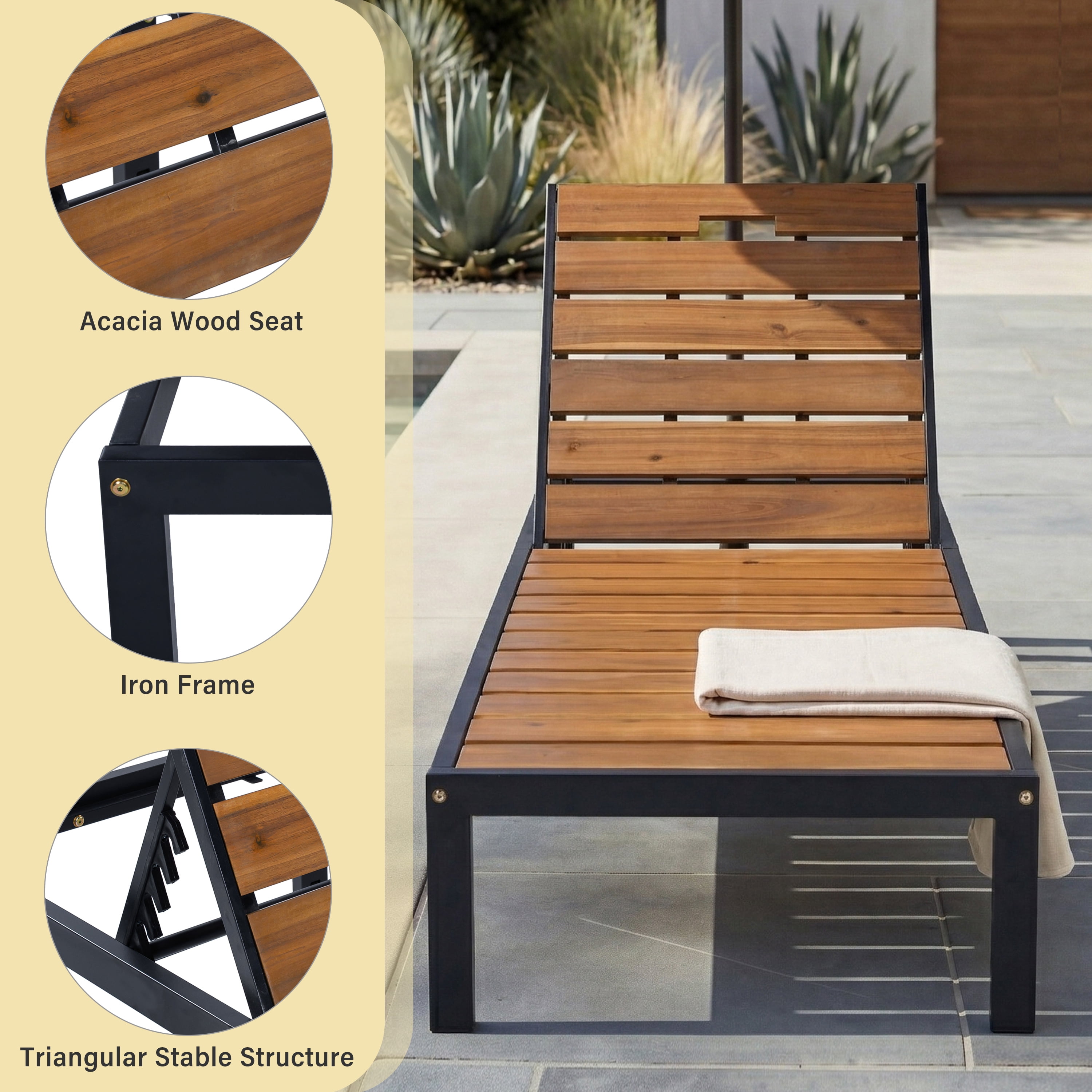 Poolside Chaise Lounge Set, Outdoor Recliner Daybed for Patio Poolside, Black and Natural
