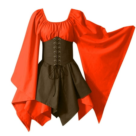 Fall and Winter Savings Clearance 2024! Antqov Dresses for Women Women s Halloween Vintage Dress Women Costumes Gothic Sleeve Corset Dresses Sleeve Round-Neck Knee-High Dress Orange L