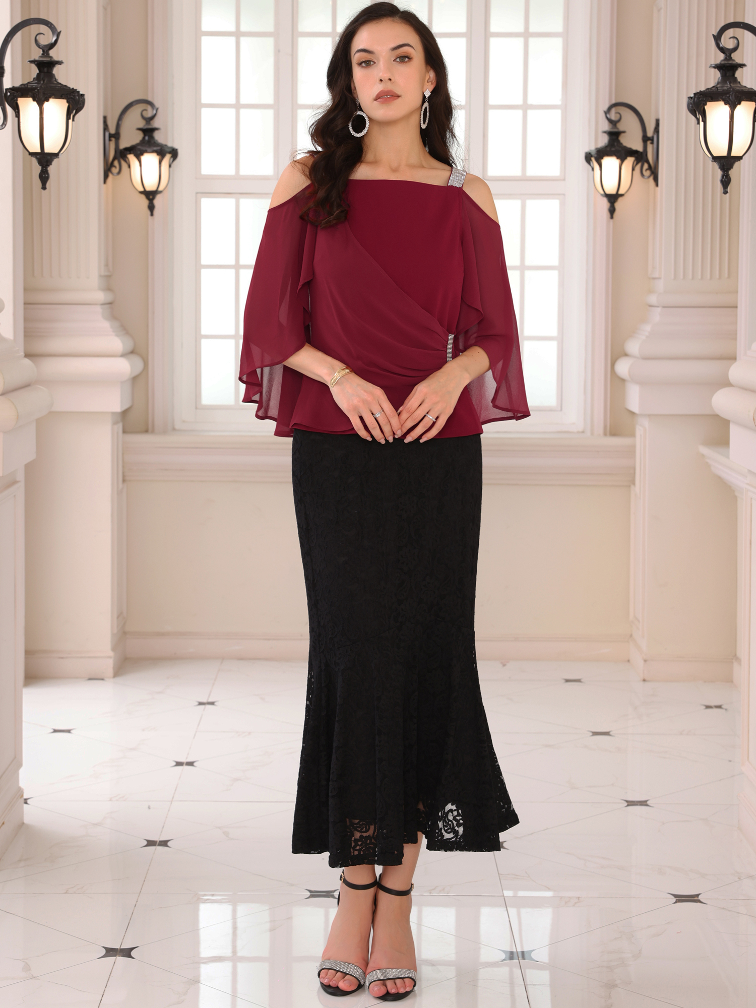 DARING DIVA Women's Cold Shoulder Sparkle Rhinestone Straps Blouse M Wine Red
