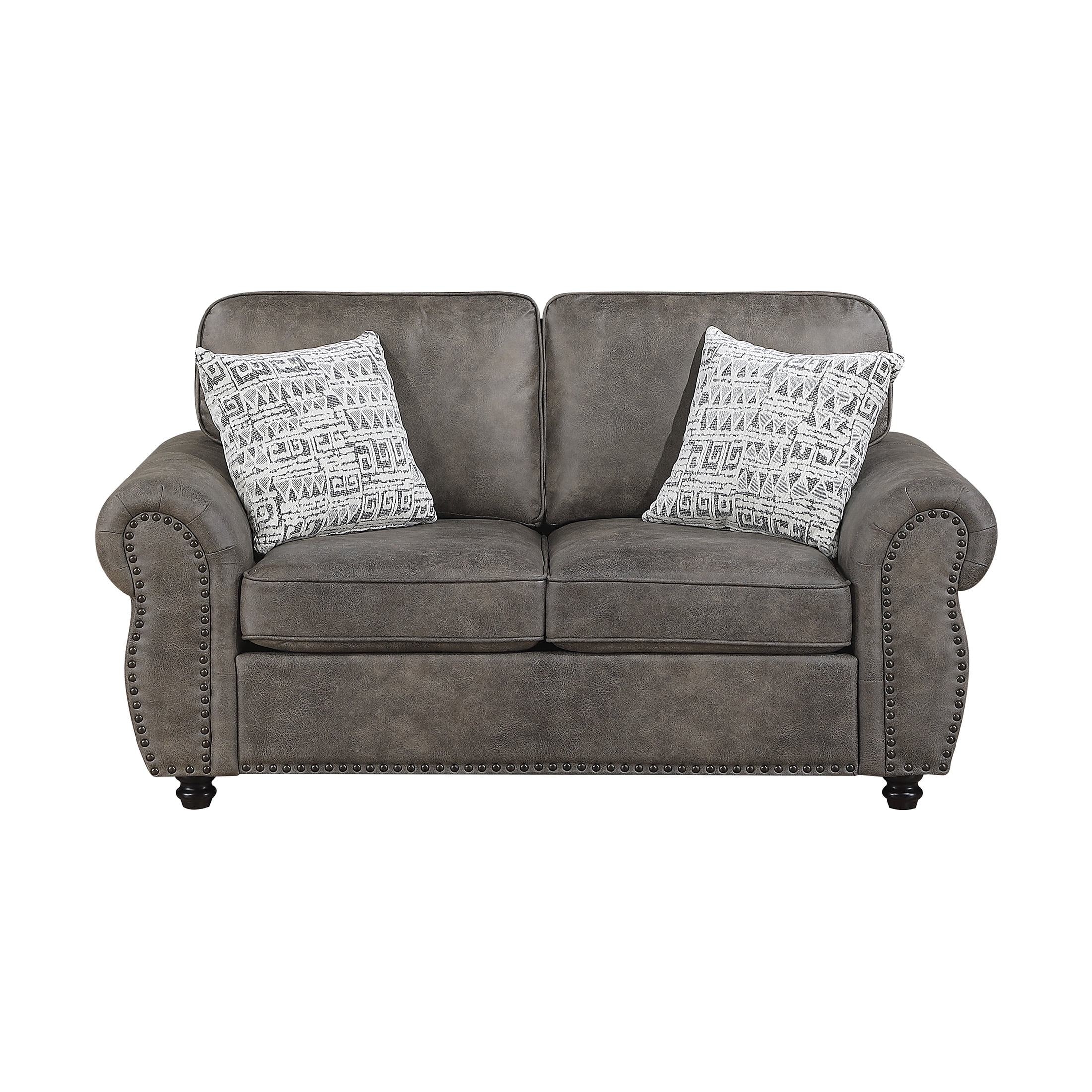 OakvillePark Solvane Microfiber Loveseat with 2 Pillows and Nailhead Trim, Brownish Gray